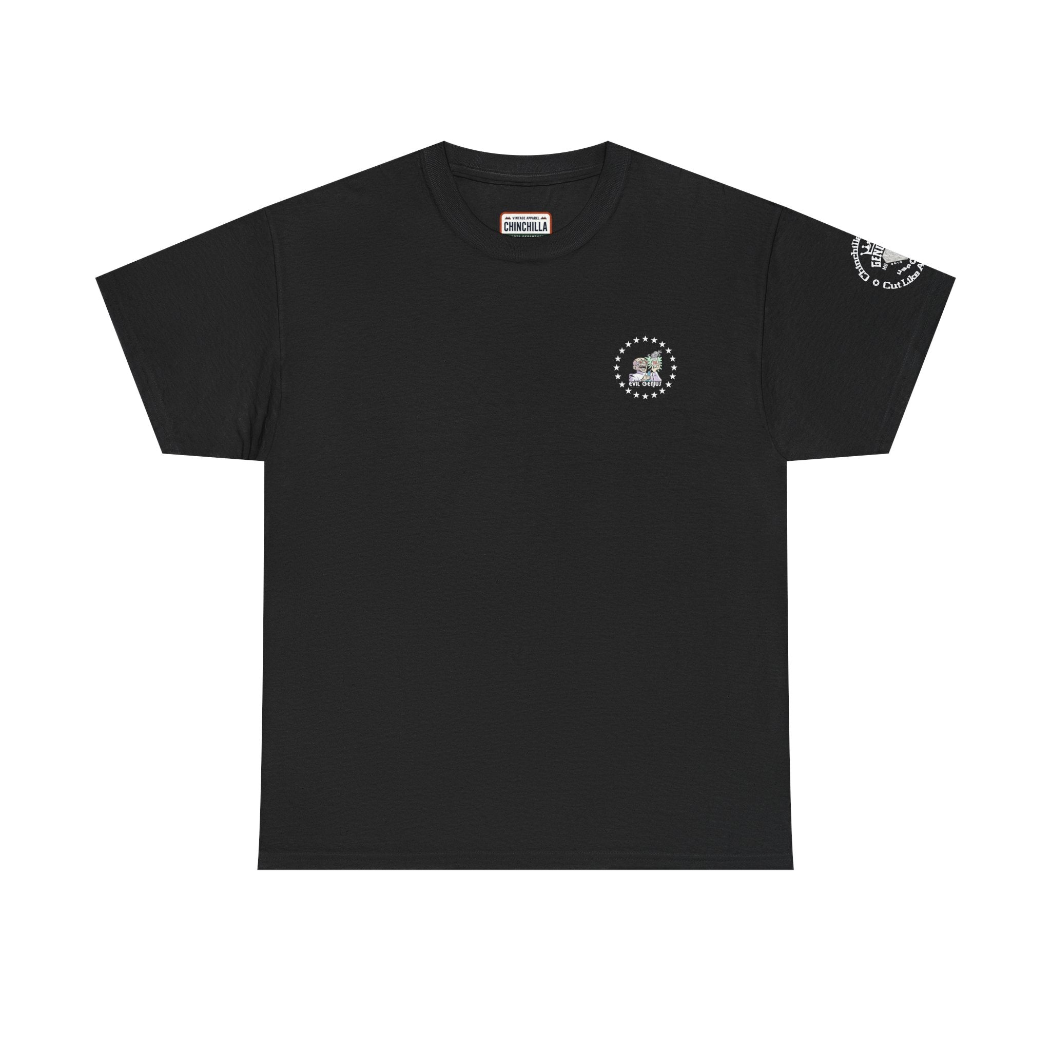 Black t-shirt with a small logo on the chest and a larger logo on the sleeve against a white background.